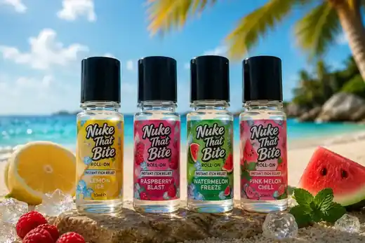 All four Nuke That Bite roll-ons on the beach